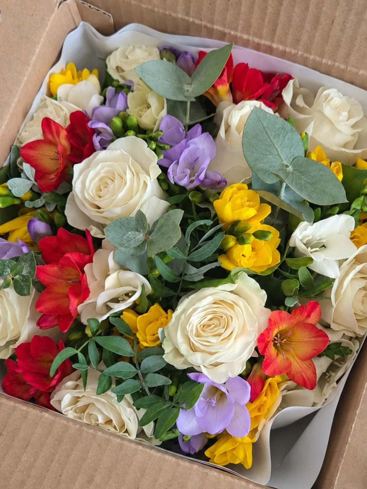 Buchet trandafiri albi si frezii multicolore