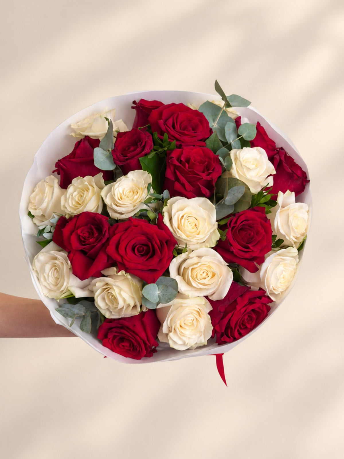 Buchet 25 trandafiri albi si rosii