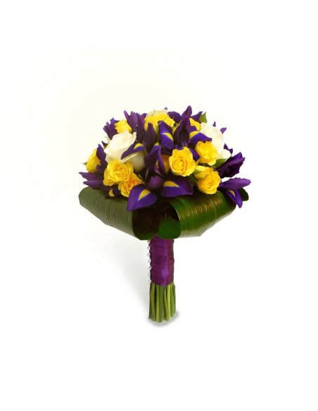 Buchet cununie trandafiri albi si galbeni si flori mov