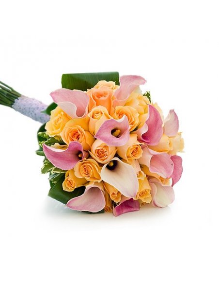 Buchet cununie trandafiri crem si cale roz