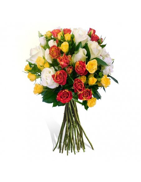 Buchet trandafiri albi si miniroze galbene si rosii