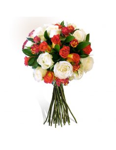 Buchet trandafiri albi, galbeni si miniroze rosii