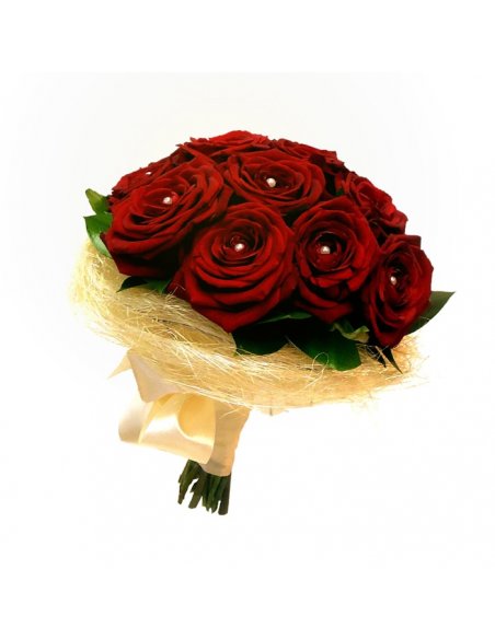 Buchet de mireasa cu trandafiri rosii si perlute