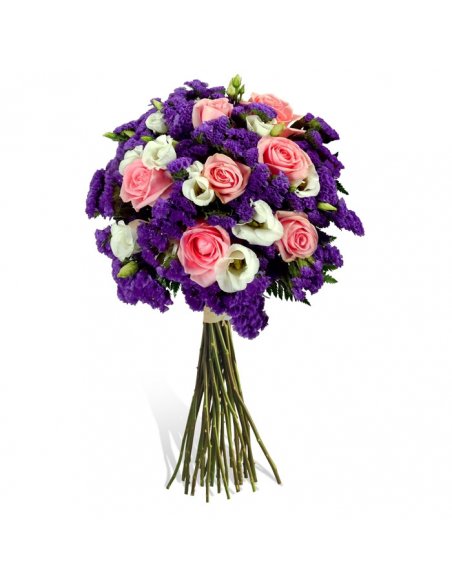 Buchet trandafiri roz, lisianthus alb si limonium