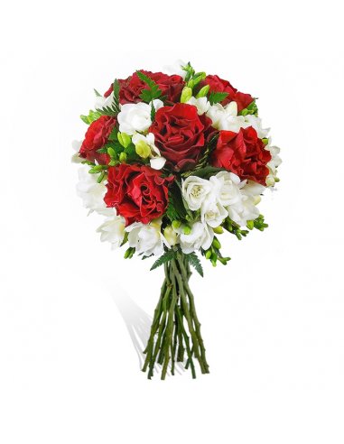 Buchet trandafiri rosii si frezii albe * florarie online