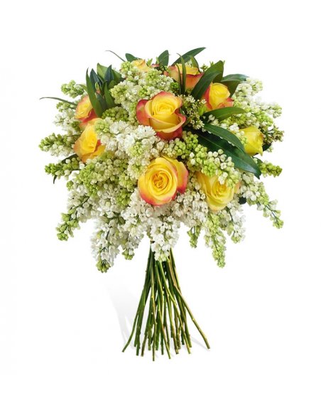 Buchet liliac alb si trandafiri galbeni 