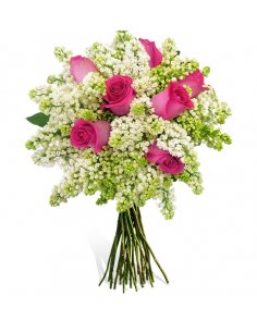 Buchet liliac alb si trandafiri roz 