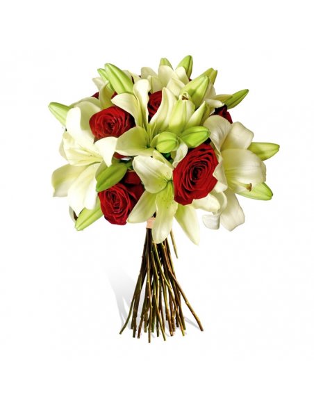 Buchet crini regali albi si trandafiri rosii
