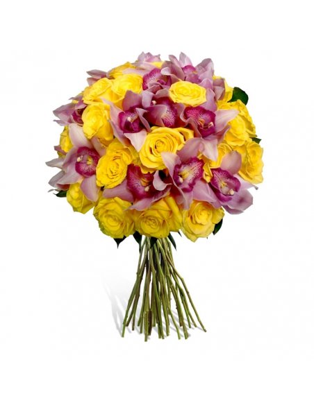 Buchet trandafiri galbeni si orhidee cymbidium