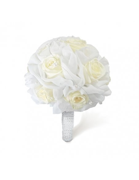 Buchet mireasa trandafiri albi in voal