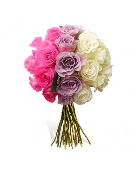 Buchet trandafiri albi lila si roz 