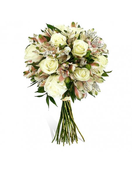 Buchet crin peruvian alb si trandafiri albi