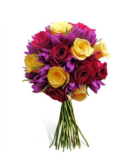 Buchet trandafiri rosii, galbeni si lalele mov