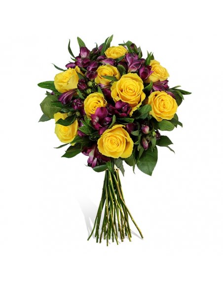 Buchet crin peruvian mov si trandafiri galbeni