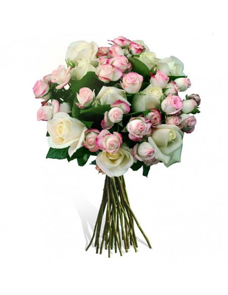 Buchet trandafiri albi si miniroze roz Yovanka