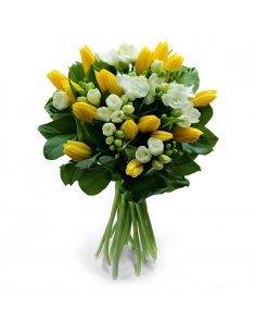 Buchet lalele galbene si frezii albe