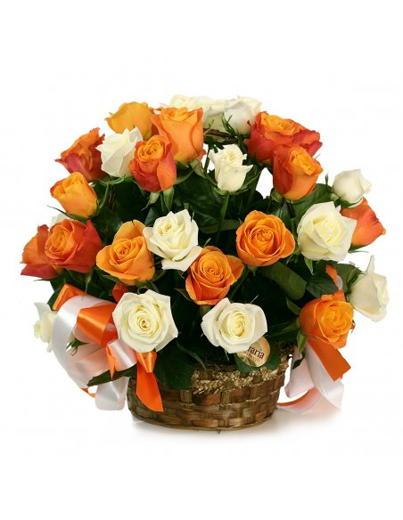 SPECIALS - Cos cu 45 trandafiri albi si portocalii