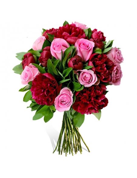 Buchet bujori rosii si trandafiri roz