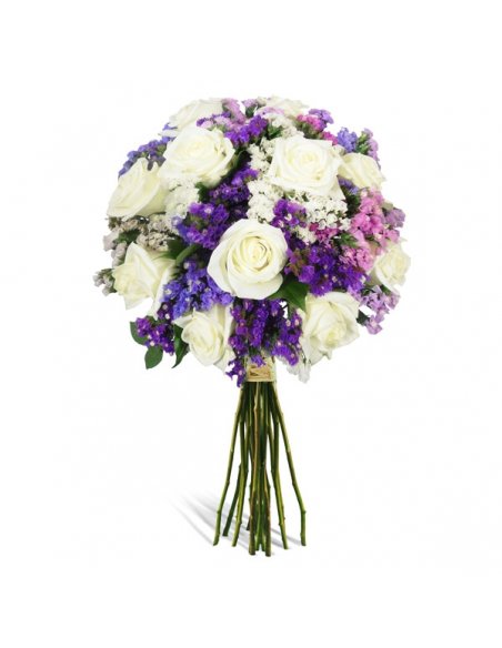 Buchet 11 trandafiri albi si limonium