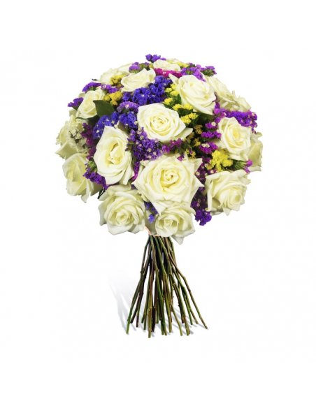 Buchet 19 trandafiri albi si limonium