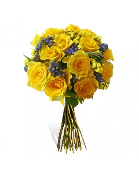 Buchet 13 trandafiri galbeni si limonium