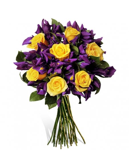 Buchet trandafiri galbeni si irisi