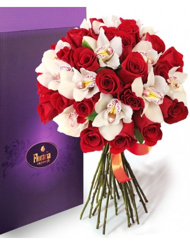 Colectia de Lux - Buchet trandafiri rosii si orhidee albe