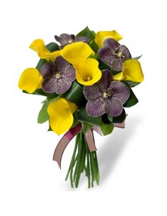 Buchet cale galbene si orhidee Vanda Chocolate