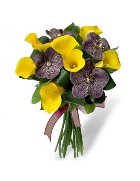 Buchet cale galbene si orhidee Vanda Chocolate