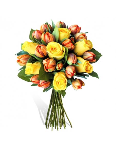 Buchet trandafiri galbeni si lalele portocalii