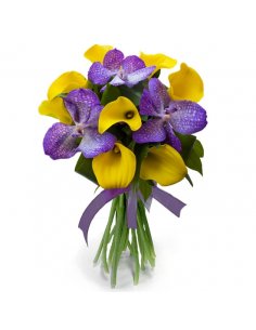 Buchet cale galbene si orhidee vanda mov