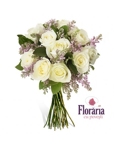Buchet cu trandafiri albi si liliac mov