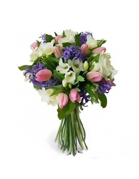 Buchet lalele roz frezii albe si zambile