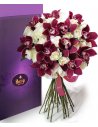 Colectia de Lux - Buchet trandafiri albi si orhidee imperiale grena