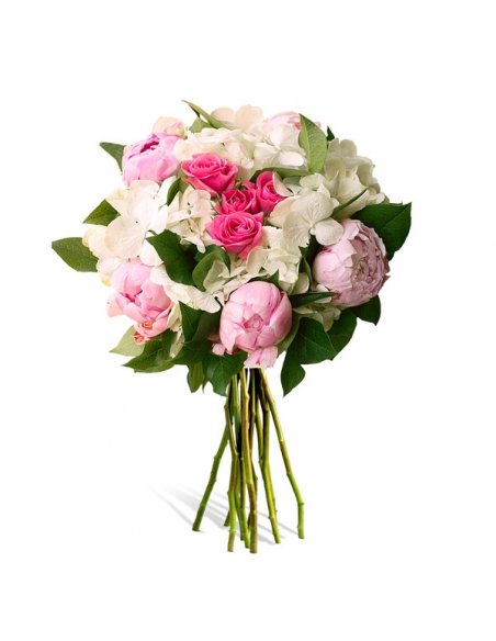 Buchet bujori roz miniroze si hortensie alba