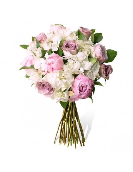 Buchet trandafiri lila bujori roz si hortensie alba