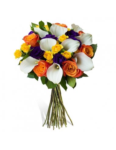 Buchet cu cale albe, trandafiri portocalii, miniroza galbene si lisianthus mov