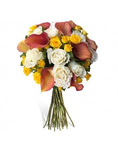 Buchet cu cale albe, trandafiri portocalii, miniroza galbene si lisianthus mov