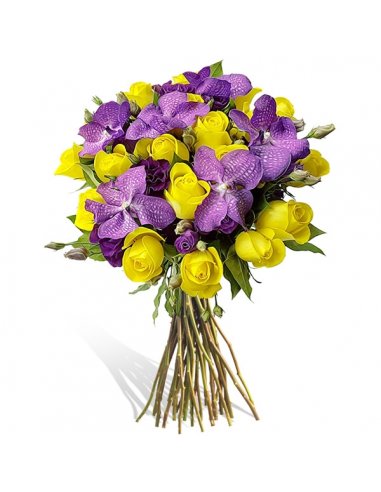 Buchet trandafiri galbeni si orhidee vanda mov