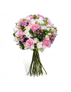 Buchet cu trandafiri roz bouvardia roz si frezii albe