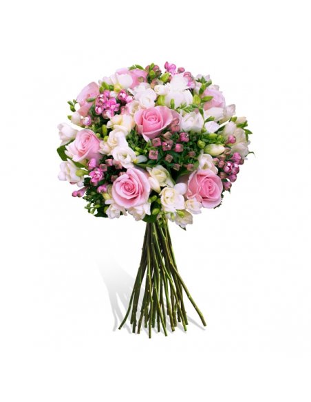 Buchet cu trandafiri roz bouvardia roz si frezii albe