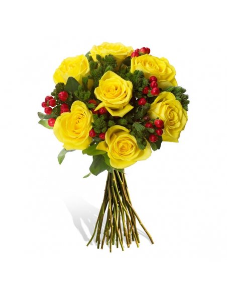Buchet cu trandafiri galbeni hipericum si miniconifere