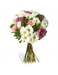 Buchet cu trandafiri lila si roz, crizanteme si miniconifere
