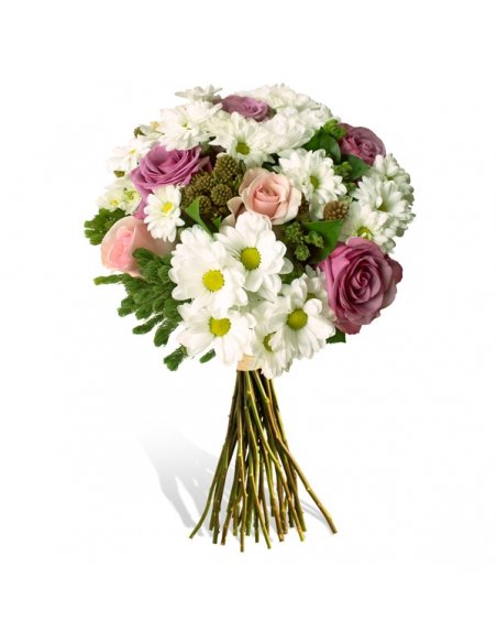 Buchet cu trandafiri lila si roz, crizanteme si miniconifere