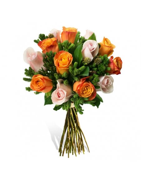 Buchet cu trandafiri lila si roz si miniconifere