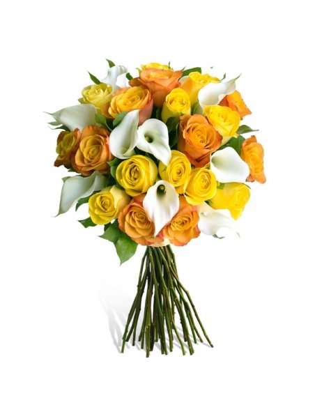 Buchet cu trandafiri galbeni portocalii si cale albe