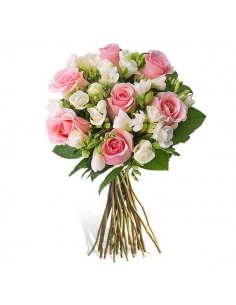 Buchet trandafiri roz si frezii albe