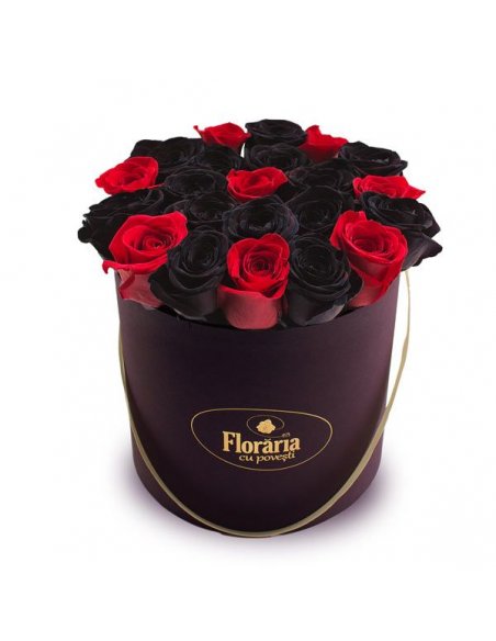 Colectia en Vogue - Cutie cu 21 trandafiri negri si rosii