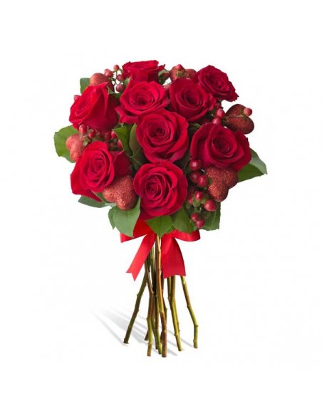 Buchet trandafiri rosii si Inimioare