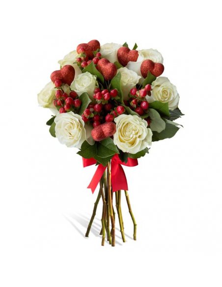 Buchet trandafiri albi si Inimioare